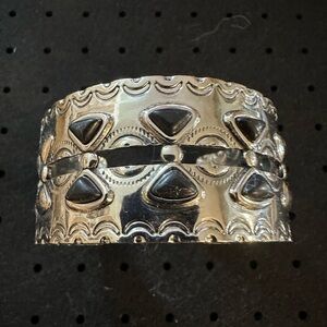 Silver Western-Style Stamped Cuff Bracelet with Black Inlay